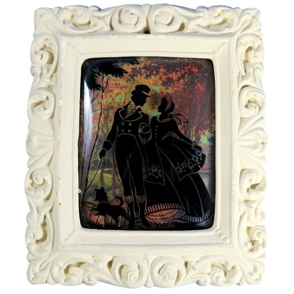 1930s Reverse Painted Silhouette on Bubble Glass – Couple with Dog, Plaster Fram - Picture 1 of 7